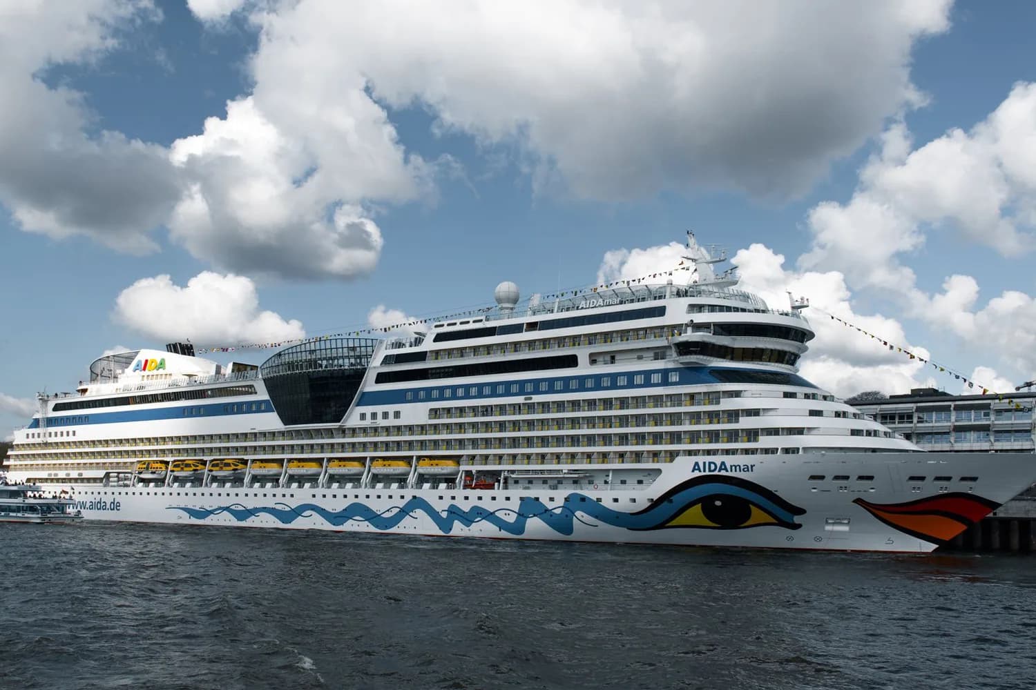 AIDA Kreuzfahrtschiff mit blau-weißem Wellenmuster am Bug liegt im Hamburger Hafen unter bewölktem Himmel