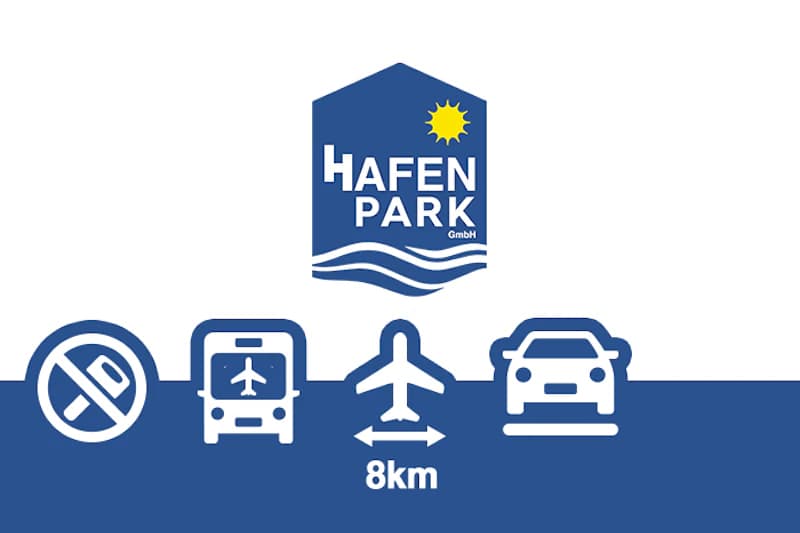 Hafenpark-Logo über blauer Leiste mit Piktogrammen Bus mit Flugzeugsymbol, Flugzeug mit 8 km und Auto.
