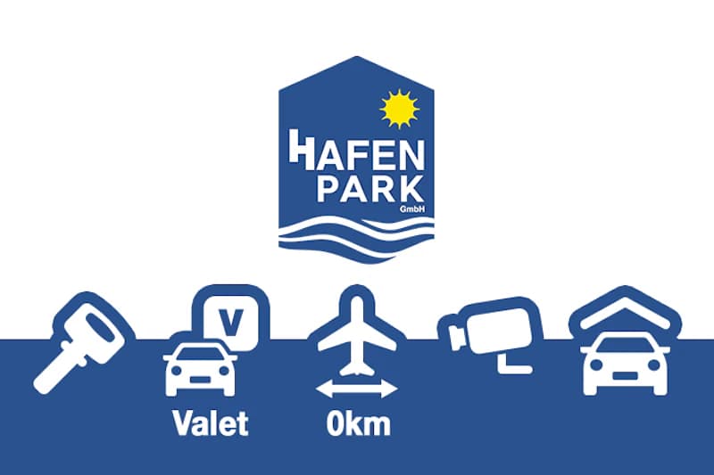Hafenpark GmbH-Logo über blauer Leiste mit Symbolen: Autoschlüssel, Auto mit V-Schild, Flugzeug 0km, Überwachungskamera, überdachtes Auto.