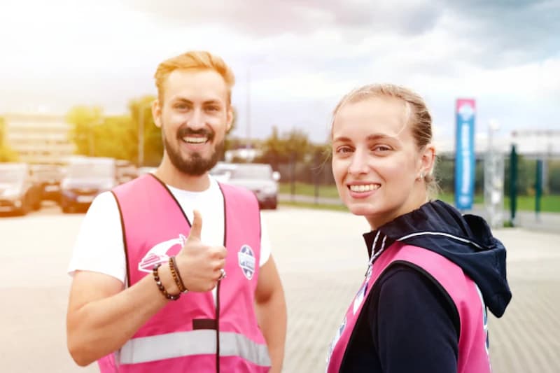 Zwei Mitarbeitende mit pinken Warnwesten auf Parkplatz, Mann zeigt Daumen hoch, Autos und Zaun im Hintergrund.