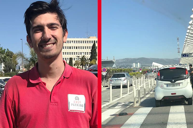 Mann in rotem Polo mit Easy Parking Namensschild links, rechts wartende Autos an Abholspur am Hafenterminal Nizza.