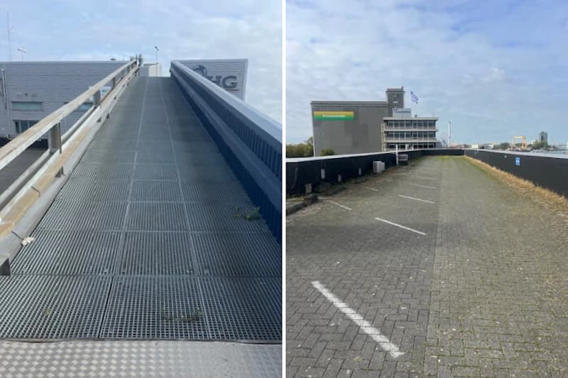 Zweiteilige Ansicht: links Metallrampe mit Geländern, rechts leere gepflasterte Parkreihe vor Hafengebäude.